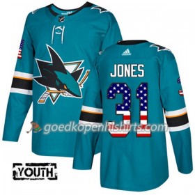 San Jose Sharks Martin Jones 31 Adidas 2017-2018 Teal USA Flag Fashion Authentic Shirt - Kinderen